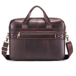 Brown genuine leather men's business briefcase laptop shoulder cross body bag detailed view