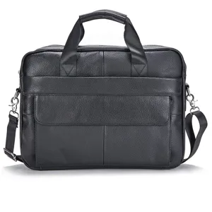 Close-up detail of the black genuine leather business briefcase with handle and shoulder strap.