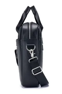 Men black leather business briefcase side detail view with strap and metal hardware.