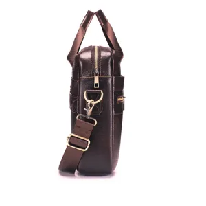 Detail view of the brown leather business briefcase side profile with metal hardware and strap.