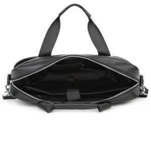 Black leather laptop briefcase interior detail shot, professional 15 inch business bag storage