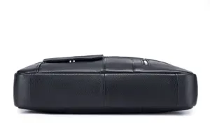 Men's black leather briefcase detail view, genuine leather business messenger bag gusset