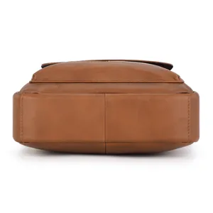 Bottom detail view of brown genuine leather men casual shoulder bag crafted with fine stitching.