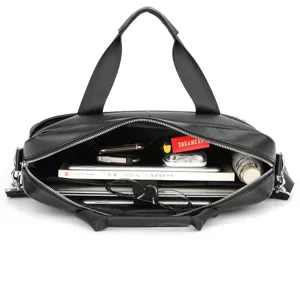 Men leather business briefcase laptop bag interior capacity detail view black color