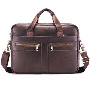 Detailed view of the premium brown leather business briefcase with dual zippers and handles.
