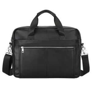 Black genuine leather business briefcase detail view, 15-inch laptop bag for men showcase.