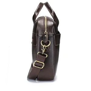 Premium brown leather business briefcase for men, featuring durable handles and strap.