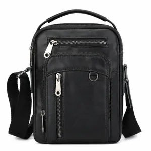 Men genuine leather shoulder bag multi-pocket business messenger bag black casual crossbody.