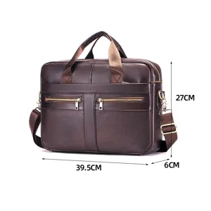 Men genuine leather business briefcase laptop shoulder bag with dimension details for work.