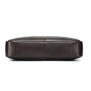 Leather business briefcase detail showing premium cowhide texture and dark brown color.