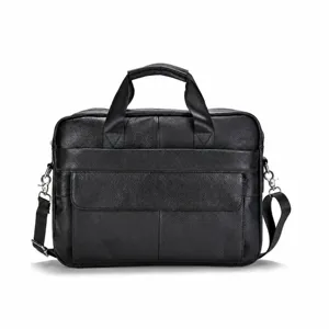 Black genuine leather men business briefcase handbag shoulder messenger laptop bag style