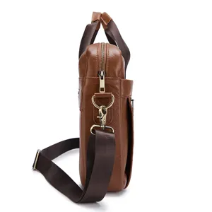 Side detail view of brown leather men business briefcase with durable strap and metal hardware.