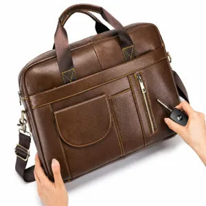 Premium genuine cowhide leather business briefcase for men, large capacity laptop bag.