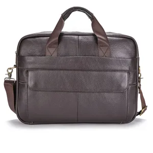 Premium brown leather mens business briefcase shoulder messenger laptop bag for office