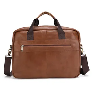 Men genuine leather business briefcase 15 inch laptop bag front pocket detail view.