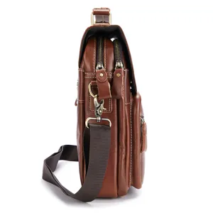 Men's leather vertical messenger shoulder bag, casual brown daily crossbody bag main view