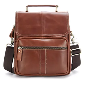 Men's Genuine Leather Crossbody Bag Vintage Casual Vertical Shoulder Handbag Brown Daily