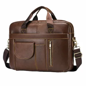 Men's genuine leather business briefcase, top layer cowhide laptop shoulder messenger bag.