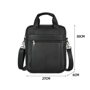 Vue detaillee du sac a main homme en cuir veritable noir avec dimensions 30x27x6cm.
