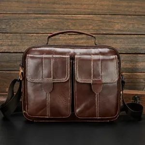 Genuine Leather Mens Messenger Bag Business Casual Crossbody Shoulder Bag Vintage Cowhide Briefcase With Multi Pockets