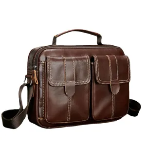 Classic brown leather messenger bag for men, business shoulder bag with double pockets.