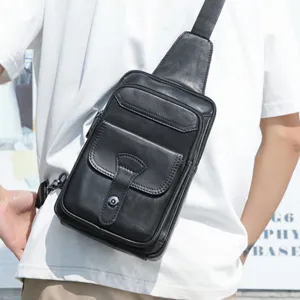Bolso de pecho de hombre de cuero genuino vintage mochila cruzada bandolera casual moda