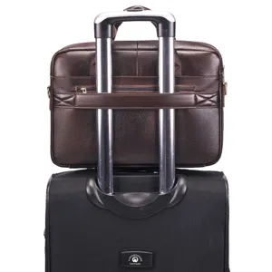 Men genuine leather business briefcase laptop bag with luggage trolley strap dark brown