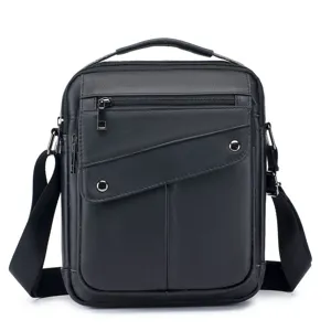 Men's vertical genuine leather business shoulder bag casual crossbody bag black fashion daily.