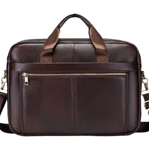Mens genuine leather business briefcase 15 inch laptop messenger bag for men daily work travel