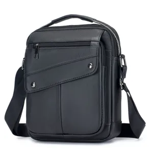 Premium black leather men's messenger bag, versatile vertical business shoulder bag.