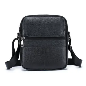 Men genuine leather crossbody bag casual multi pocket shoulder bag small messenger bag dark