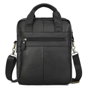 Black genuine leather men shoulder bag detail, premium cowhide messenger bag with metal hardware.