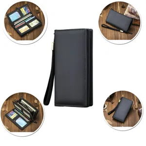 Men's black long leather wallet with zipper, wrist strap, and multiple card slots.