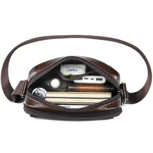 Men's genuine leather messenger bag with multi-pocket design, casual shoulder bag for daily use.