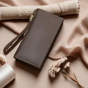 Genuine leather long wallet for men, detail view showing cowhide material and slots.