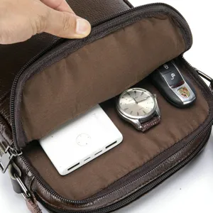 Men genuine leather shoulder bag casual crossbody bag multi-pocket design detail view