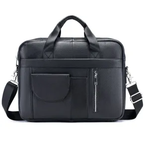 Genuine leather men's briefcase shoulder laptop bag business travel large capacity black