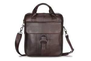 Men's genuine leather briefcase messenger bag dark brown shoulder handbag detailed view.