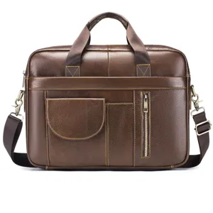 Men genuine leather briefcase business laptop shoulder bag large capacity travel bag