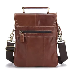 Men's genuine leather crossbody bag vintage brown shoulder bag with handle and strap.