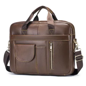 Genuine leather men briefcase large capacity business travel shoulder messenger bag brown.