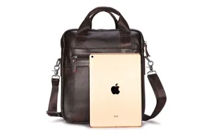 Men's brown genuine leather briefcase shoulder bag, stylish casual messenger bag with handles.