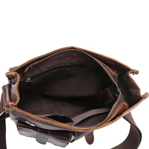 Men's vintage genuine oil wax leather shoulder bag interior and pocket detail view.