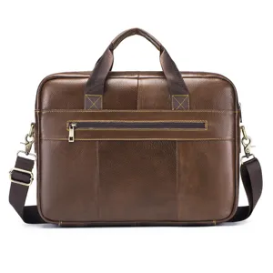 Detailed view of the genuine leather briefcase, showcasing high quality stitching and metal zippers.