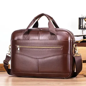 Classic brown leather briefcase for men, large capacity business messenger bag, vintage style.