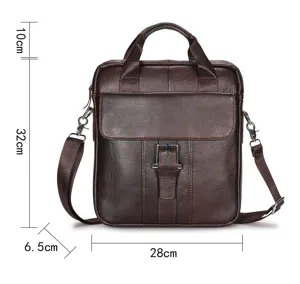 Men leather briefcase detail view showing dimensions height width and handle drop.