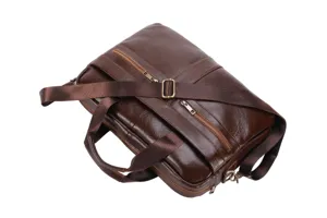Dark brown leather men business briefcase messenger shoulder bag with zipper pockets and strap.