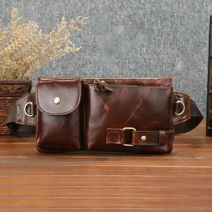 Sac Banane en Cuir Véritable pour Homme Vintage Poitrine Poches Multiples Sport Extérieur Bandoulière Rétro