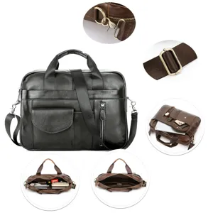 Genuine leather business briefcase for men, large capacity laptop bag, shoulder and messenger bag.