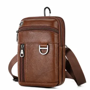 Heren Echt Lederen Heuptas Casual Effen Kleur Borst Crossbody Tas Meerdere Zakken Dagelijkse Matching